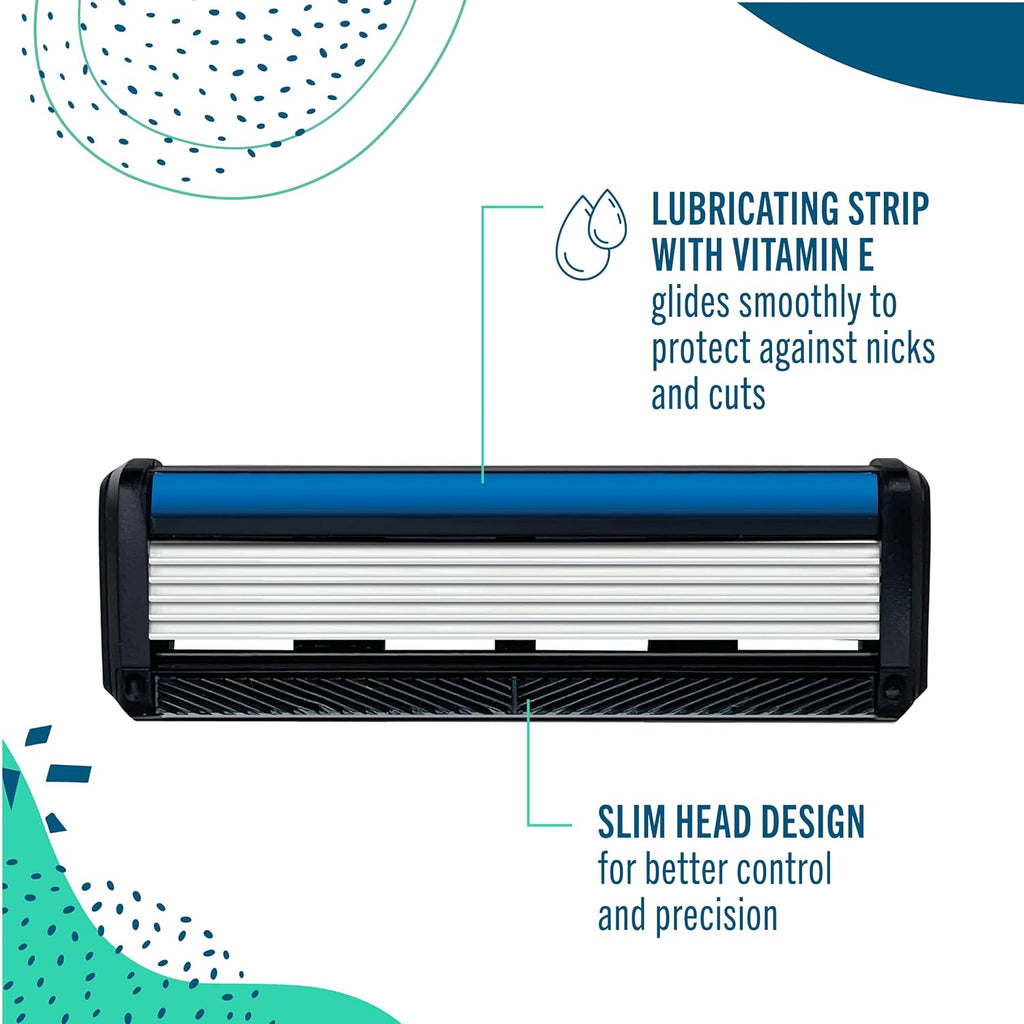 A Preserve Shave 5 wave edition razor cartridge shown from the front on a white background with teal callout text and decorative shapes. The product has a black body, a blue top strip, and white inner blades. The text reads, lubricating strip with vitamin E, glides smoothly to protect against nicks and cuts. Slim head design for better control and precision.
