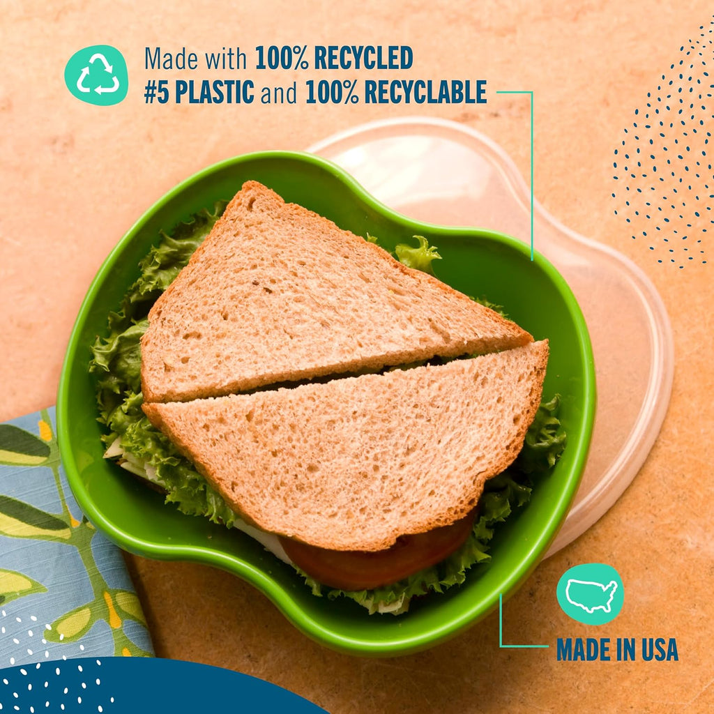 A sandwich in a Preserve sandwich food storage container, with graphics stating "Made with 100% Recycled #5 plastic and 100% recyclable" and "Made in USA".