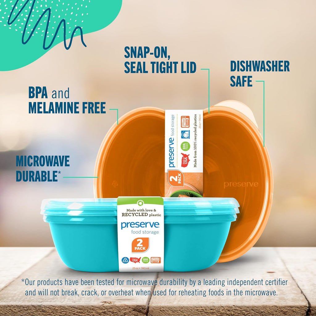 Two Preserve square sandwich food storage containers with labels on a wooden surface, featuring text about product features.