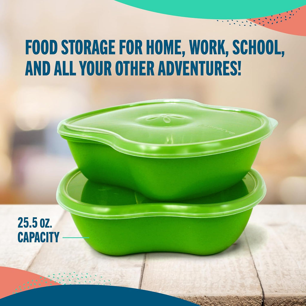 Two Apple Green square sandwich food storage containers with lids stacked on a light wooden surface, with promotional text reading 'FOOD STORAGE FOR HOME, WORK, SCHOOL, AND ALL YOUR OTHER ADVENTURES!' and '25.5 oz.
