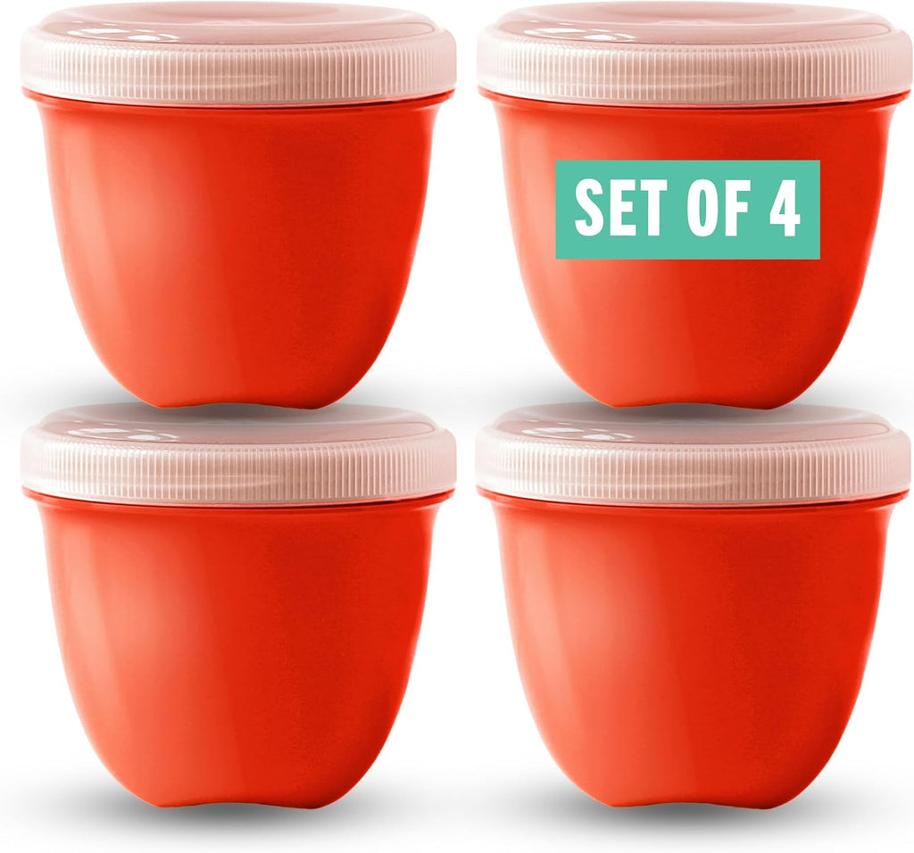 Four red Preserve mini food storage containers with clear plastic screw-on lids, arranged in a 2x2 grid on a white background. A teal label on the top-right container reads 'SET OF 4'.