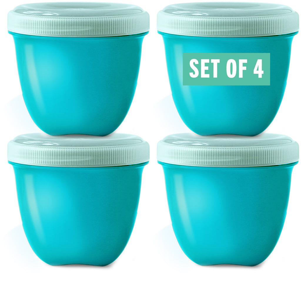 Four aqua Preserve mini food storage containers with clear plastic screw-on lids, arranged in a 2x2 grid on a white background. A teal label on the top-right container reads 'SET OF 4'.