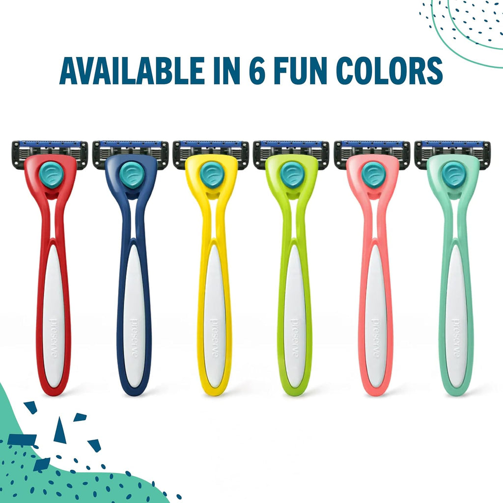Set of six colorful Preserve Shave 5 razors with a white background and text indicating availability in six fun colors.