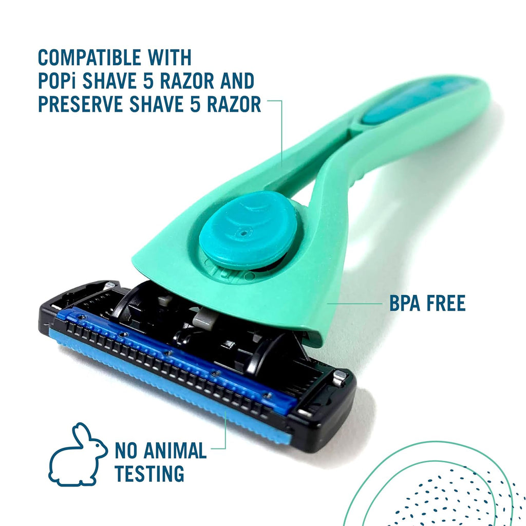 A teal and blue Shave 5 razor with a turquoise handle and circular button, shown on a white background with text overlays reading 'COMPATIBLE WITH POPI SHAVE 5 RAZOR AND PRESERVE SHAVE 5 RAZOR', 'BPA FREE', and 'NO ANIMAL TESTING'.
