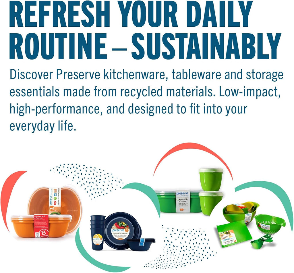Promotional graphic for Preserve kitchenware and tableware, featuring the headline 'REFRESH YOUR DAILY ROUTINE – SUSTAINABLY' and a paragraph about recycled materials. The image shows several product groups: orange and green containers, a dark blue cup and plate set, green storage containers and utensils, and a green colander, arranged on a white background with curved teal and red graphic accents.