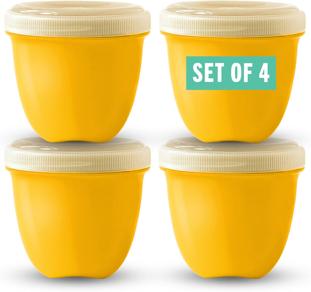 Four bright yellow Preserve mini food storage containers with clear plastic screw-on lids, arranged in a 2x2 grid on a white background. A teal label on the top-right container reads 'SET OF 4'.