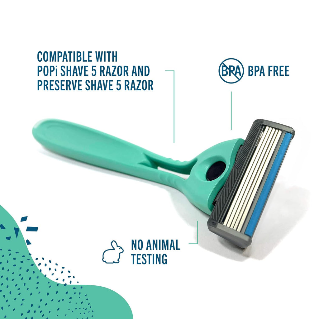 A green Preserve Shave 5 shaving razor with a blue accent strip on the blade, shown on a white background with text callouts about compatibility, BPA-free status, and no animal testing.
