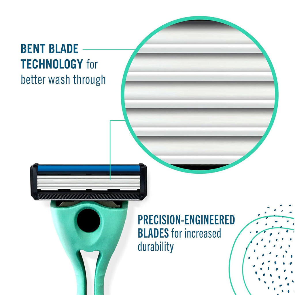 A green Preserve Shave 5 razor with marketing text and a circular close-up of the blade area on a white background, highlighting bent blade technology and precision-engineered blades.