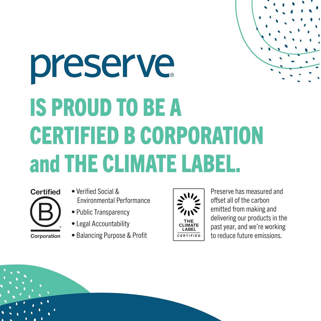 Promotional graphic for 'preserve' highlighting certification as a B Corporation and climate label participant.