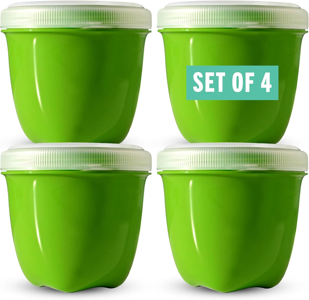 Four Apple Green Preserve mini food storage containers with clear plastic screw-on lids, arranged in a 2x2 grid on a white background. A teal label on the top-right container reads 'SET OF 4'.