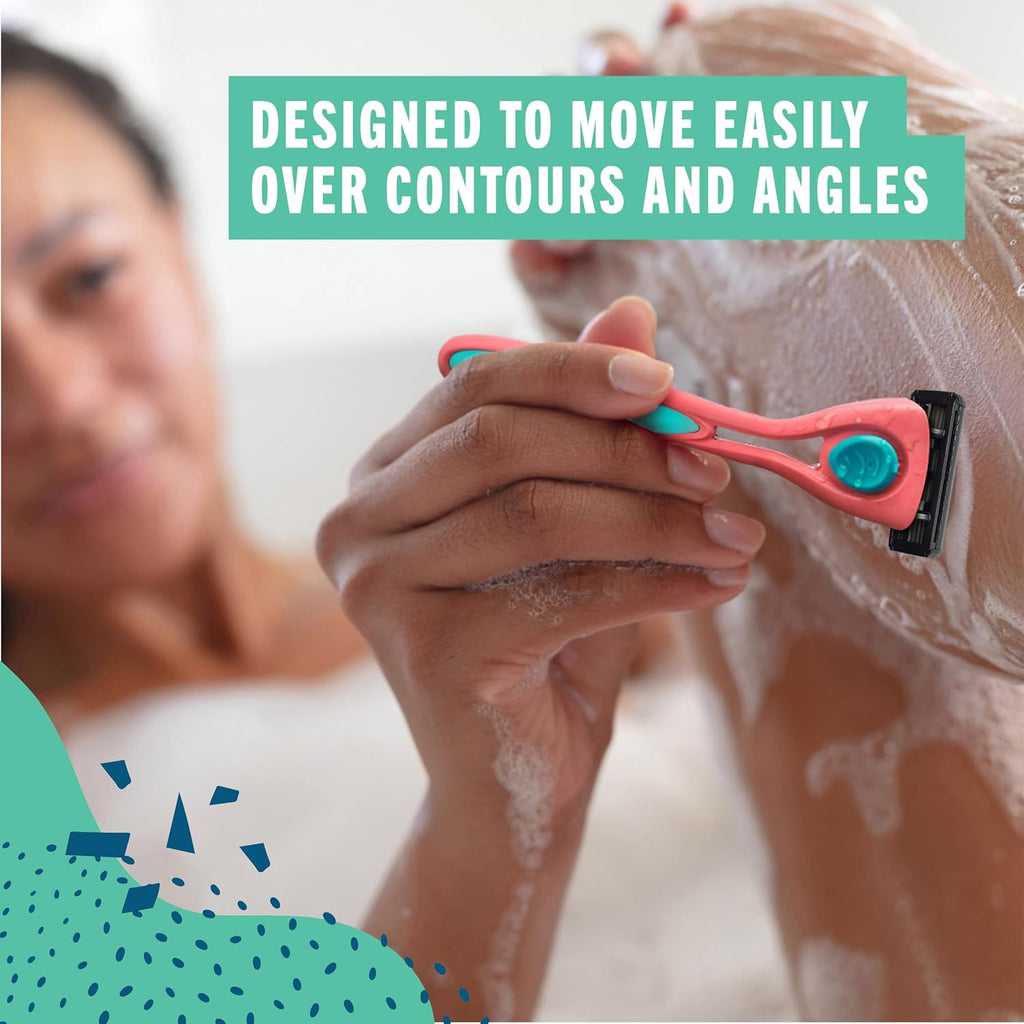 A close-up of a person shaving their leg with a pink Preserve Shave 5 razor, while A teal text banner reads 'DESIGNED TO MOVE EASILY OVER CONTOURS AND ANGLES'.