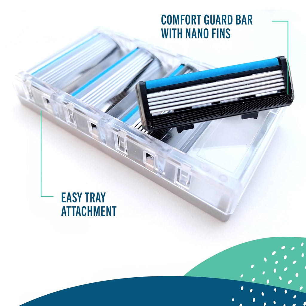 A replacement razor guard bar with blue and black foam and silver nano fins, resting on a clear plastic multi-razor tray. The image includes text callouts reading 'COMFORT GUARD BAR WITH NANO FINS' and 'EASY TRAY ATTACHMENT' on a white background with decorative teal and navy graphic shapes at the bottom.