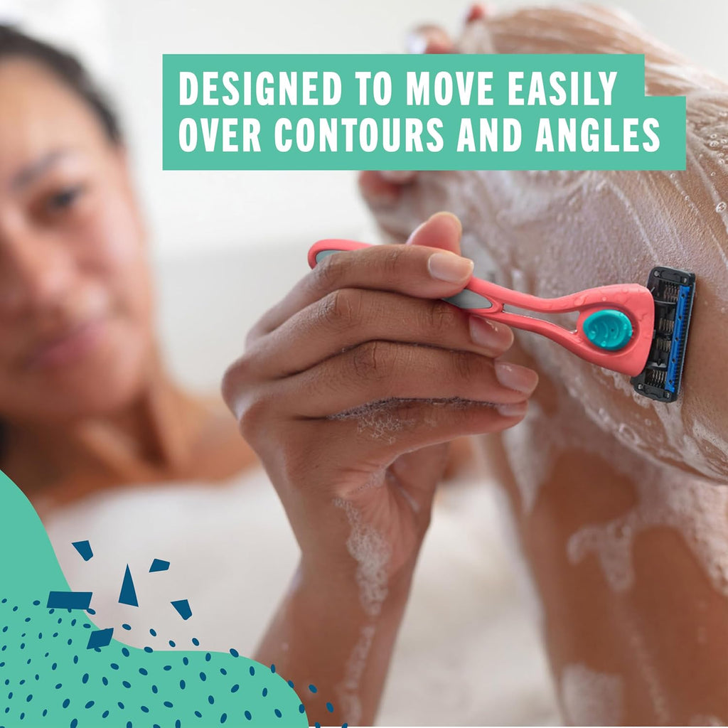 Person shaving with a razor, with text 'Designed to move easily over contours and angles' on a green banner.