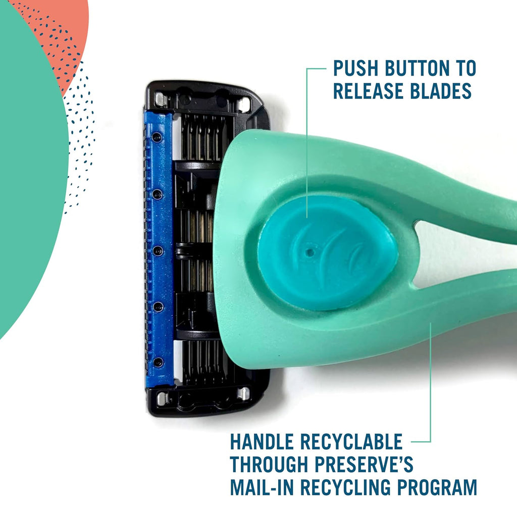 Teal and green Shave 5 razor with text on recycling and button release.