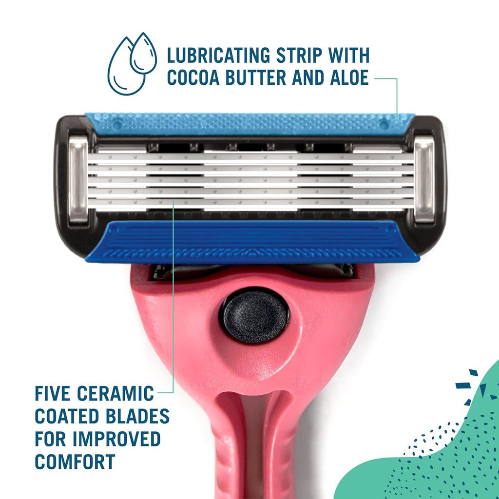 Pink Shave 5 Women's razor with text about lubricating strip and ceramic blades on a white background