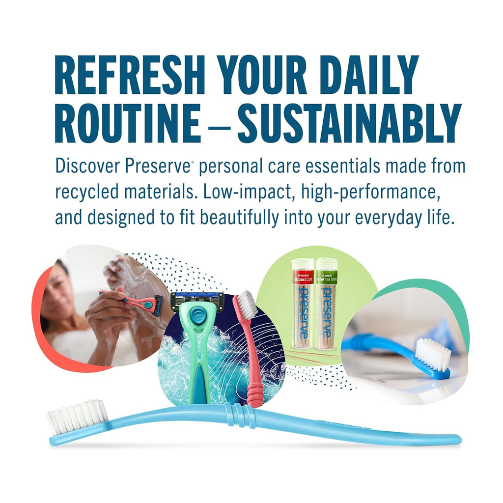 A promotional graphic for Preserve personal care essentials, featuring a large light blue toothbrush at the bottom, two small product tubes in the upper right, and circular inset photos showing a person shaving and a toothbrush. Bold headline text reads 'REFRESH YOUR DAILY ROUTINE – SUSTAINABLY' on a white background.