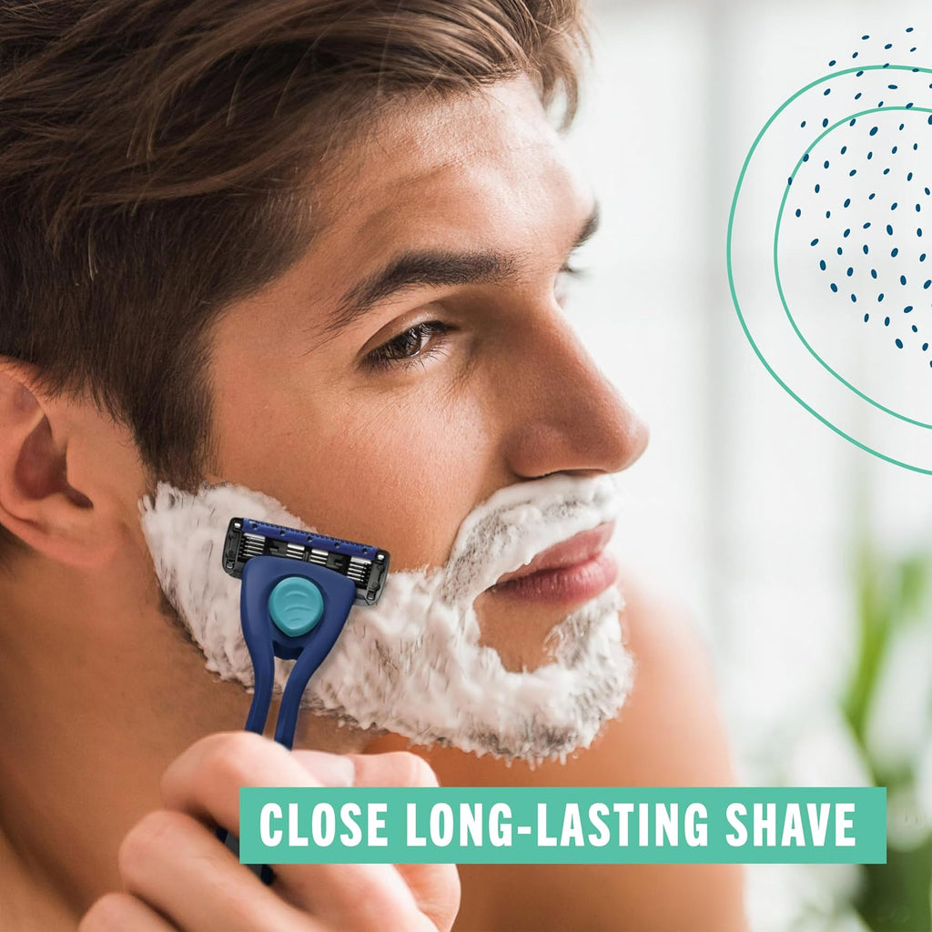 Man shaving with a blue Preserve Shave 5 razor, close-up of face with shaving cream, text 'Close Long-Lasting Shave'.