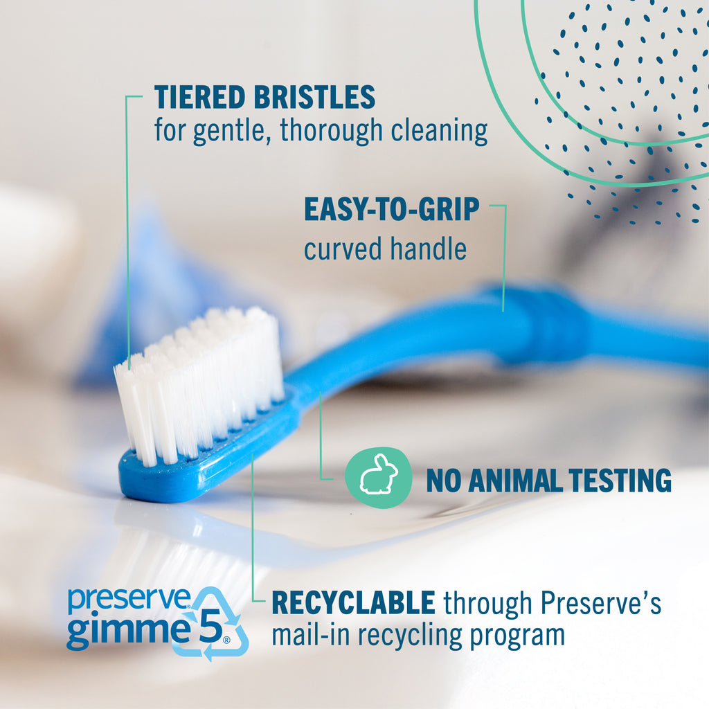 Blue Preserve toothbrush with text highlighting features and sustainability details on a blurred background