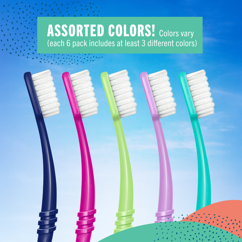 Assorted colored Preserve toothbrushes on a blue background with text about color variety.