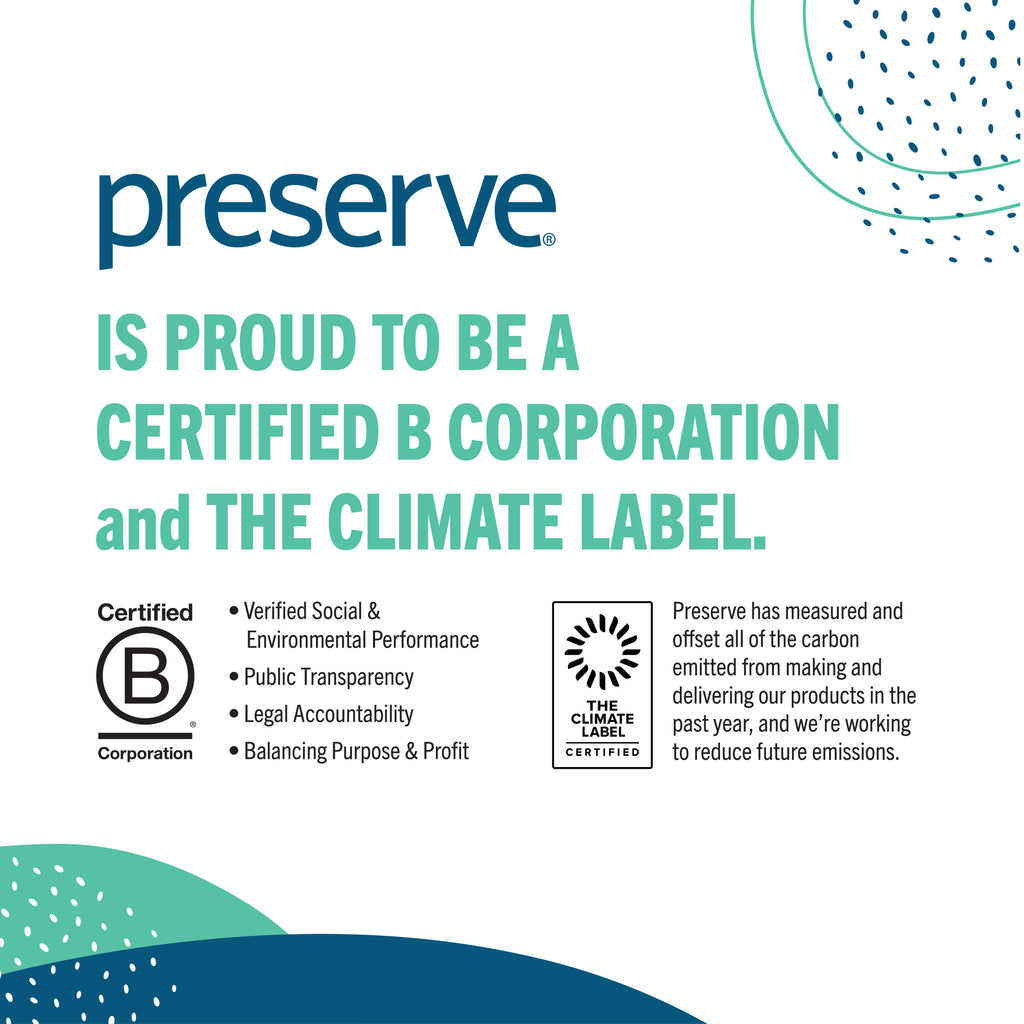 A white graphic with teal and navy text reading 'preserve' and 'IS PROUD TO BE A CERTIFIED B CORPORATION AND THE CLIMATE LABEL.' It includes certification logos and short paragraphs about carbon measurement and emission reduction.