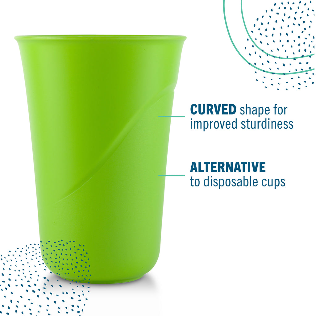 A bright green Preserve cup on a white background with text callouts describing its curved shape for improved sturdiness and its alternative status to disposable cups.