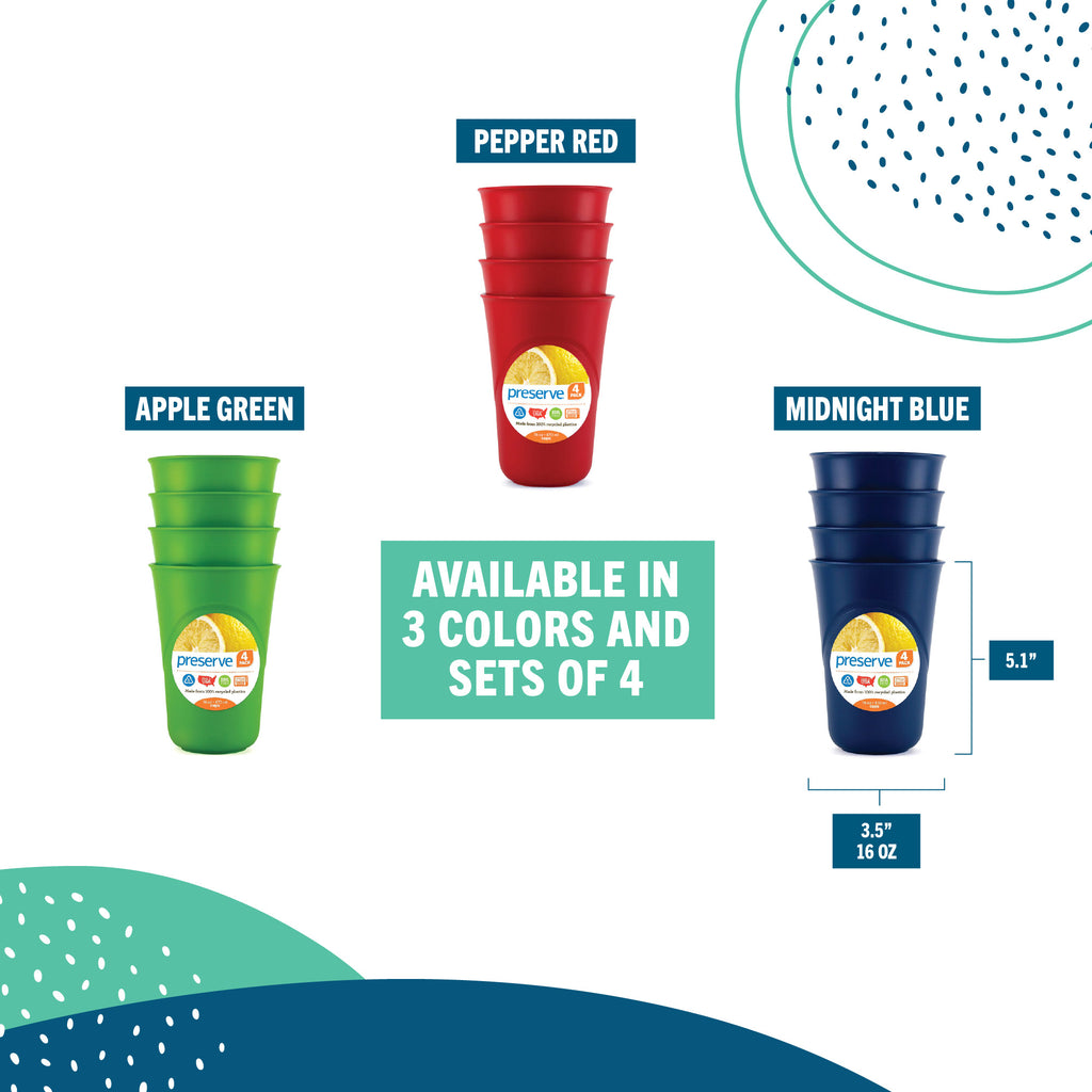 Promotional graphic showing three stacked sets of Preserve 16 oz. tumbler cups in different colors: Apple Green, Pepper Red, and Midnight Blue, with text stating 'Available in 3 colors and sets of 4' and dimensions for the Midnight Blue cups.
