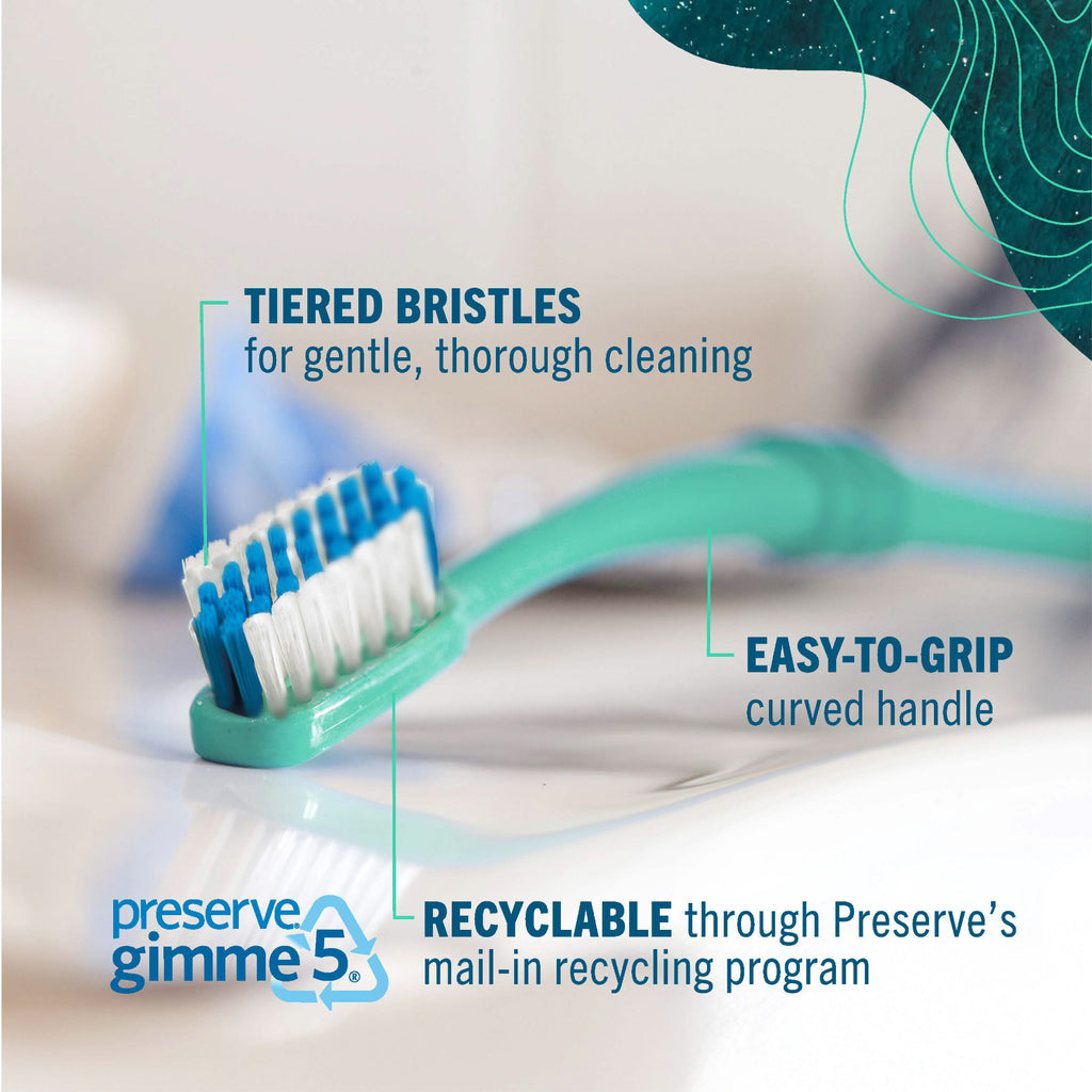 A neptune green POPi toothbrush with blue and white bristles on a white surface, surrounded by marketing text callouts for tiered bristles, easy-to-grip handle, and recyclable design. The Preserve Gimme 5 logo is visible in the lower left.