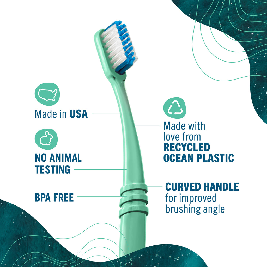 Neptune green Preserve POPi toothbrush with features highlighted on a white background