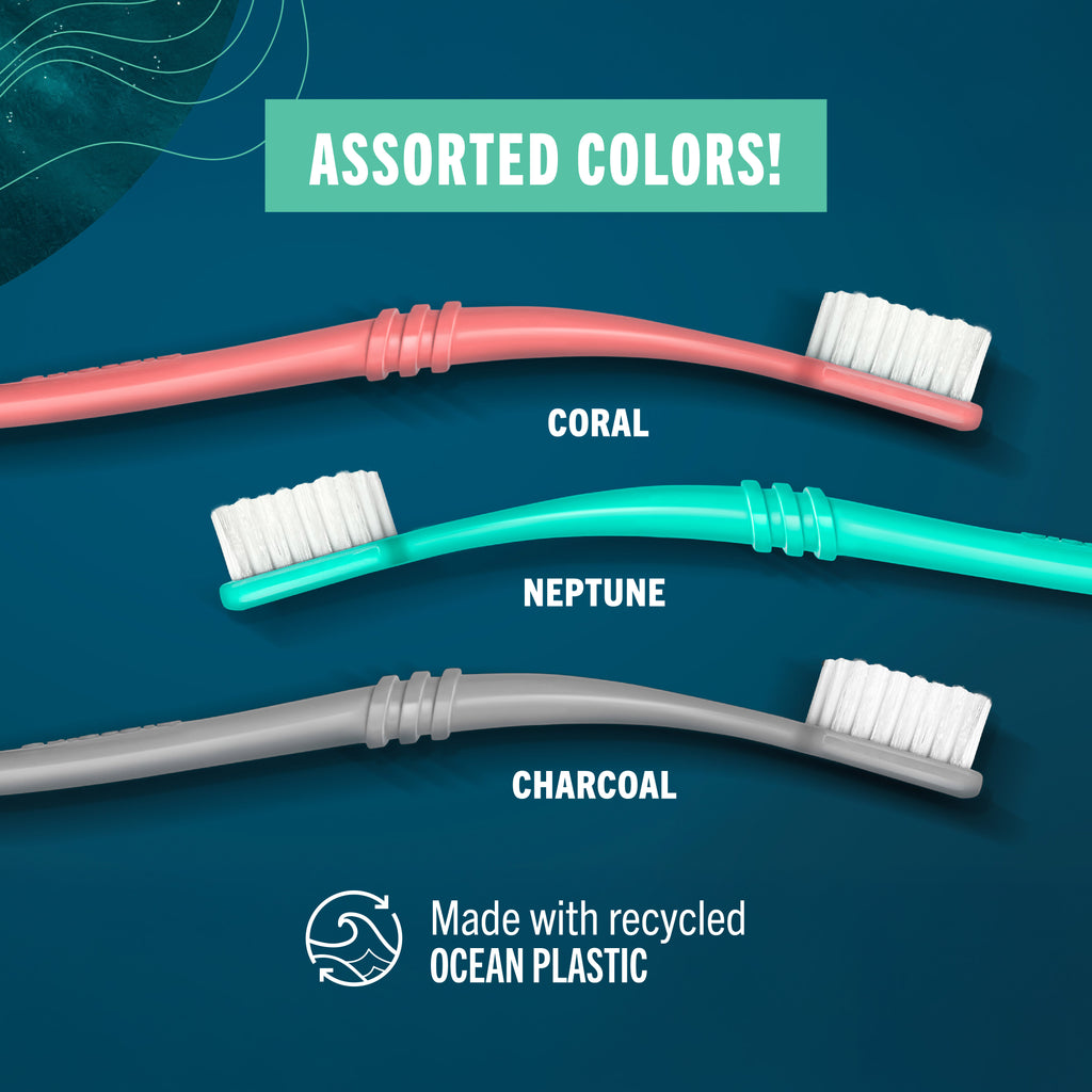 Three POPi toothbrushes in coral pink, neptune green, and charcoal gray with 'Assorted Colors!' text on a blue background.