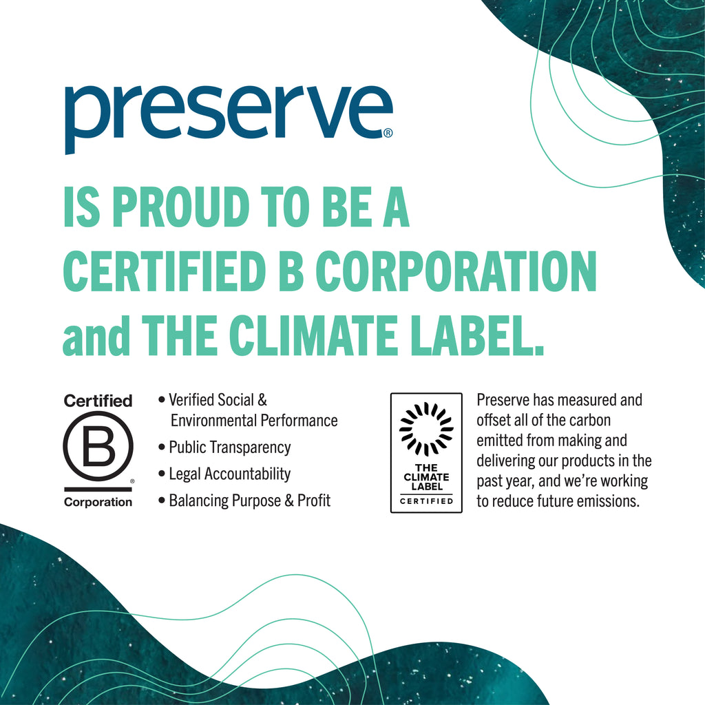 Promotional graphic for Preserve, a certified B Corporation and Climate Label holder, with text and logos on a white background.
