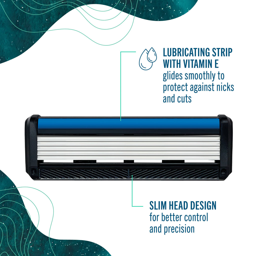 Preserve Shave 5 razor head with text on lubricating strip and slim head design against a white background