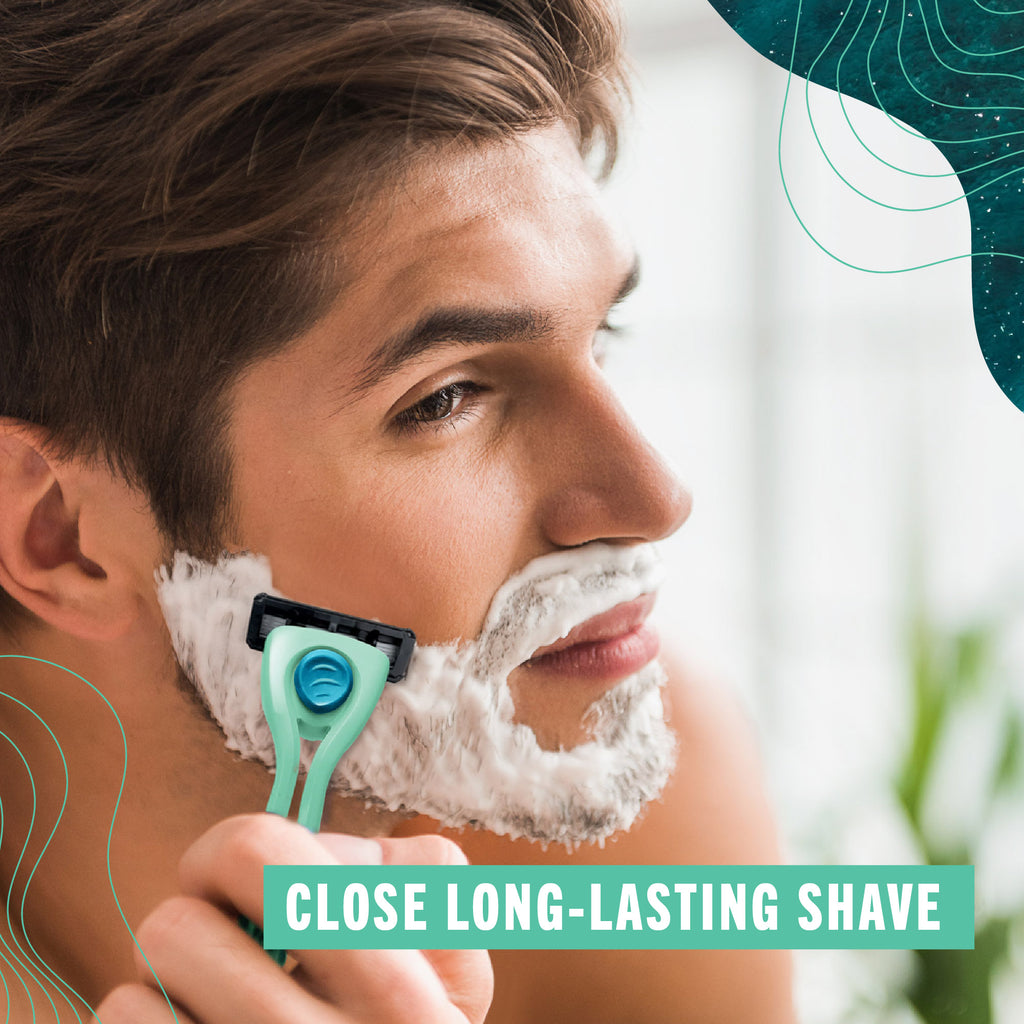 Man shaving with a Preserve Shave 5 razor, with 'Close Long-Lasting Shave' text overlay.