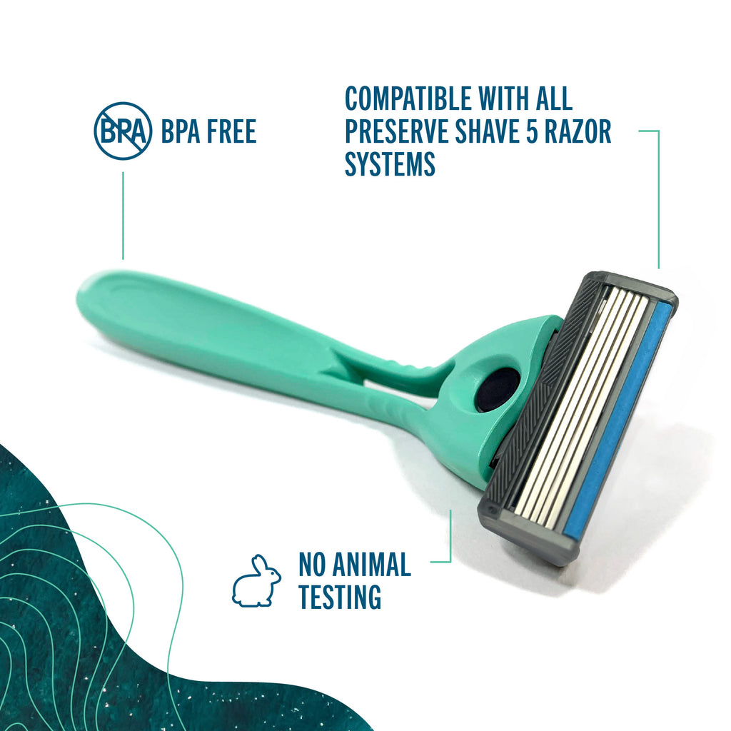 Neptune Green POPi Shave 5 razor with text about compatibility and animal testing on a white background.