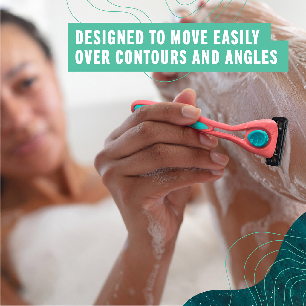 A close-up of a person shaving their leg with a Coral Pink POPi Shave 5 razor, with a blurred face in the background. A teal text box reads 'DESIGNED TO MOVE EASILY OVER CONTOURS AND ANGLES'.