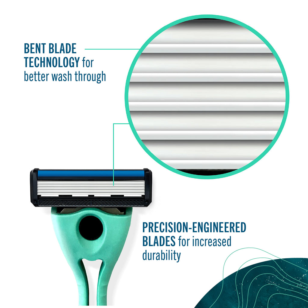 Neptune Green Preserve POPi Shave 5 with bent blade technology and close-up of blade details on a white background