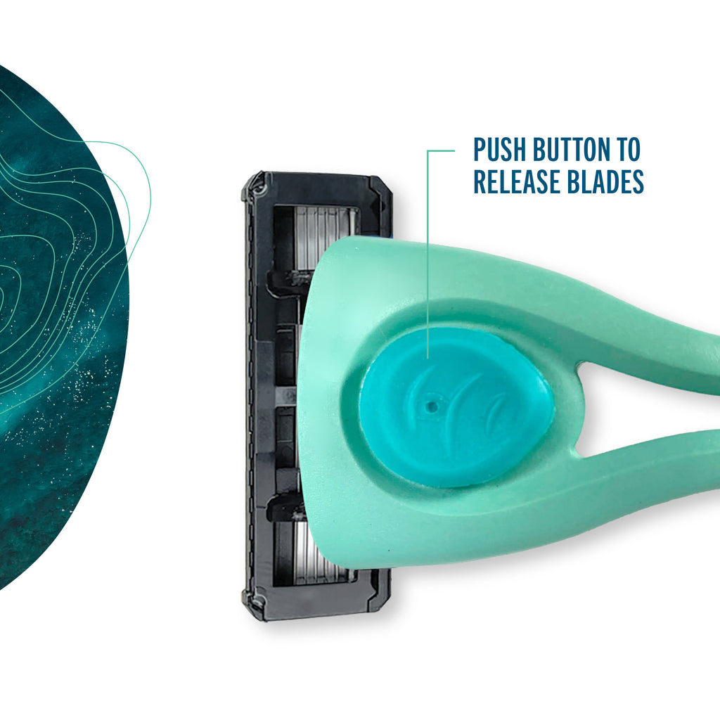 Preserve Shave 5 razor head with text 'Push button to release blades' on a white background