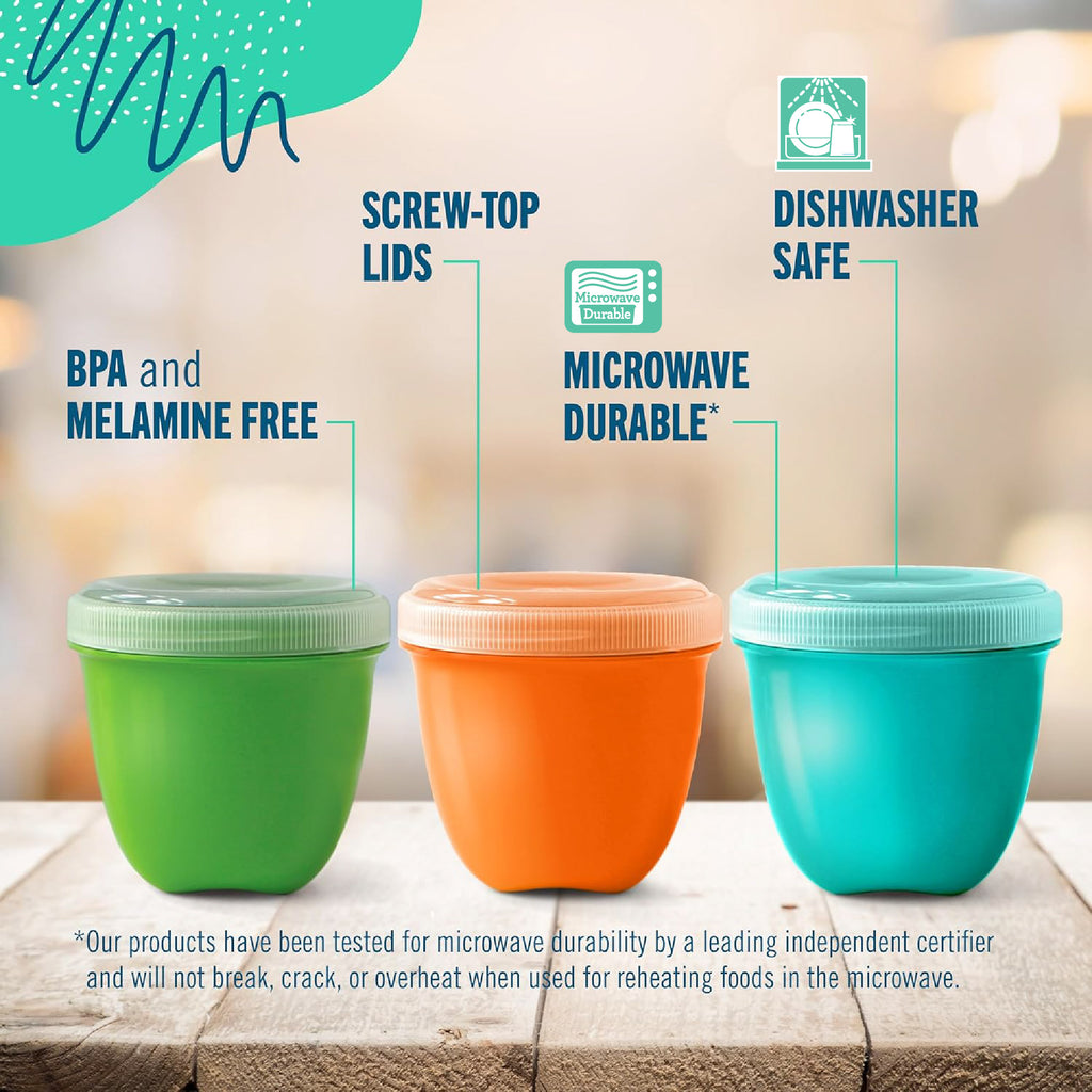Three small screw-top Preserve food storage mini containers in Apple green, orange, and aqua are shown on a wooden surface with callout text and icons reading BPA and Melamine Free, Screw-Top Lids, Microwave Durable, and Dishwasher Safe.