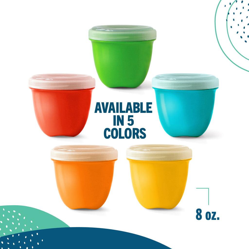 Set of colorful mini Preserve food storage containers in red, green, aqua, orange, and yellow, with lids on a white background. The graphic also shares that they are 8 oz. in capacity.