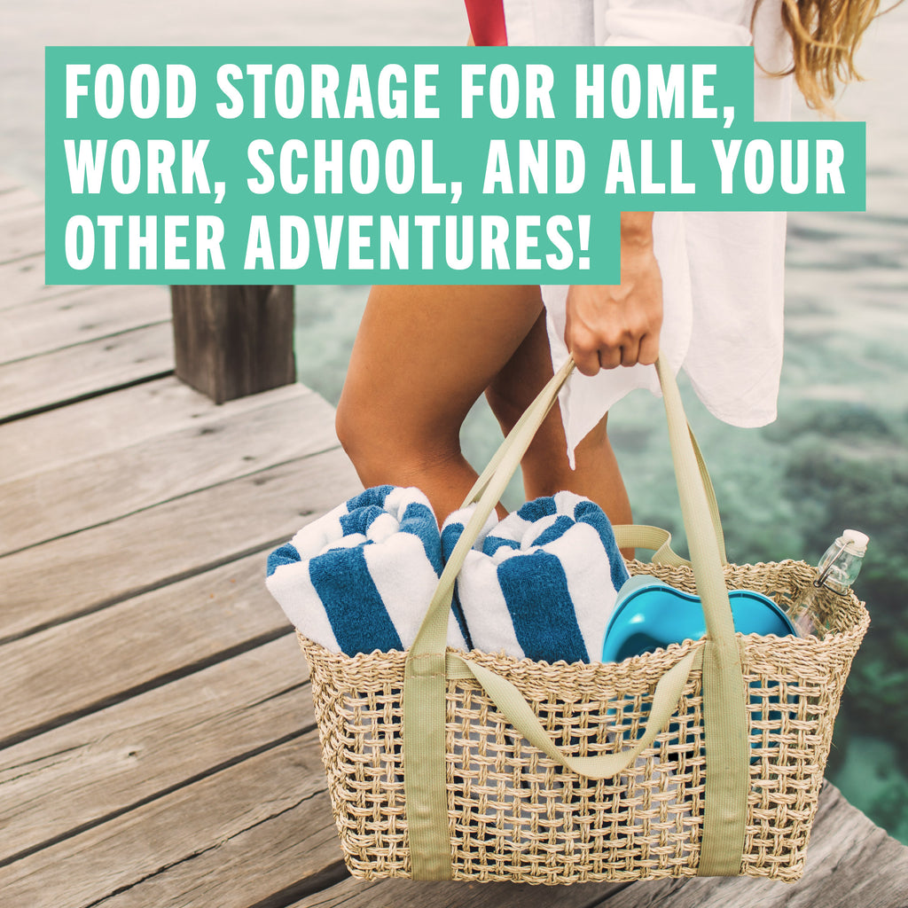 A woman on a wooden dock carries a woven straw tote bag filled with blue-and-white towels and an aqua Preserve sandwich square food storage container. Large teal text across the top reads, 'FOOD STORAGE FOR HOME, WORK, SCHOOL, AND ALL YOUR OTHER ADVENTURES!'.