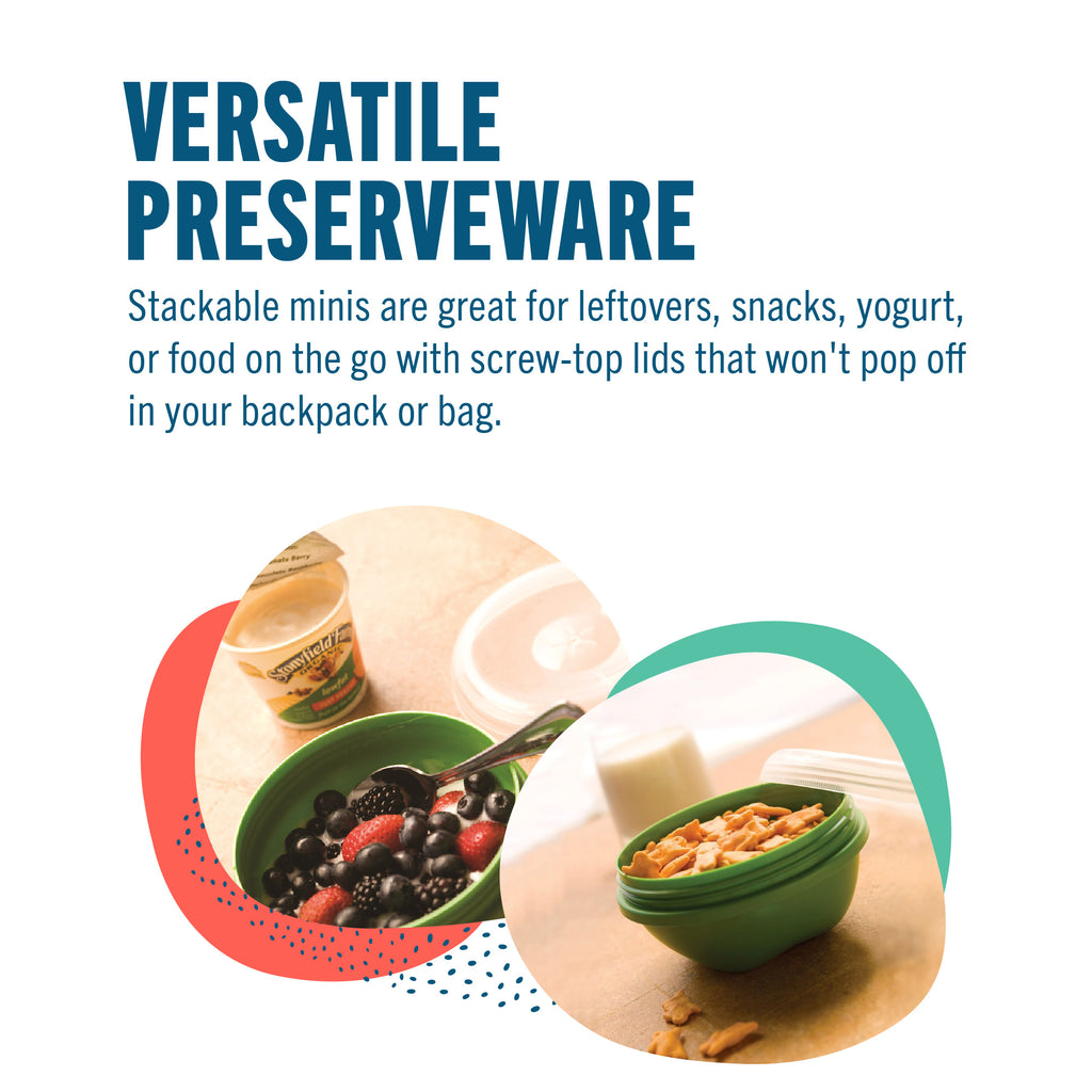 Promotional graphic for Versatile Preserveware stackable food storage mini containers, showing blue headline text and two circular inset photos of the green containers used for yogurt and cereal with snacks. The sub header states, stackable minis are great for leftovers, snacks, yogurt, or food on the go with screw-top lids that won't pop off in your backpack or bag.