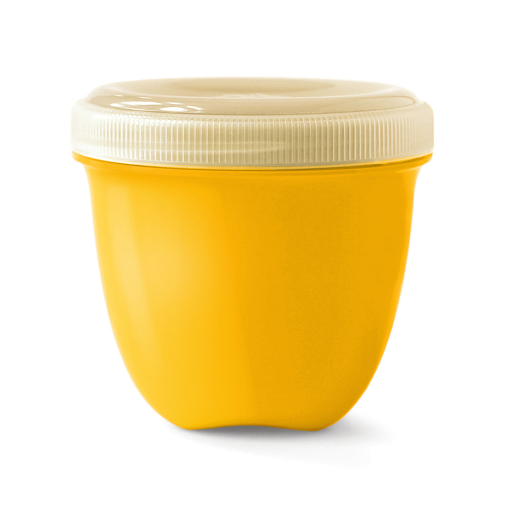 An yellow plastic Preserve mini food storage container with a clear screw-on lid, shown against a plain white background.