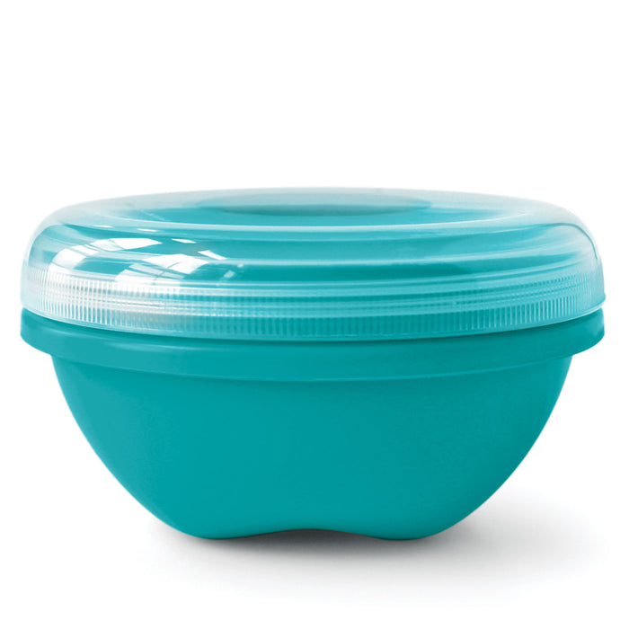 Small round light blue food storage with clear twist-on lid