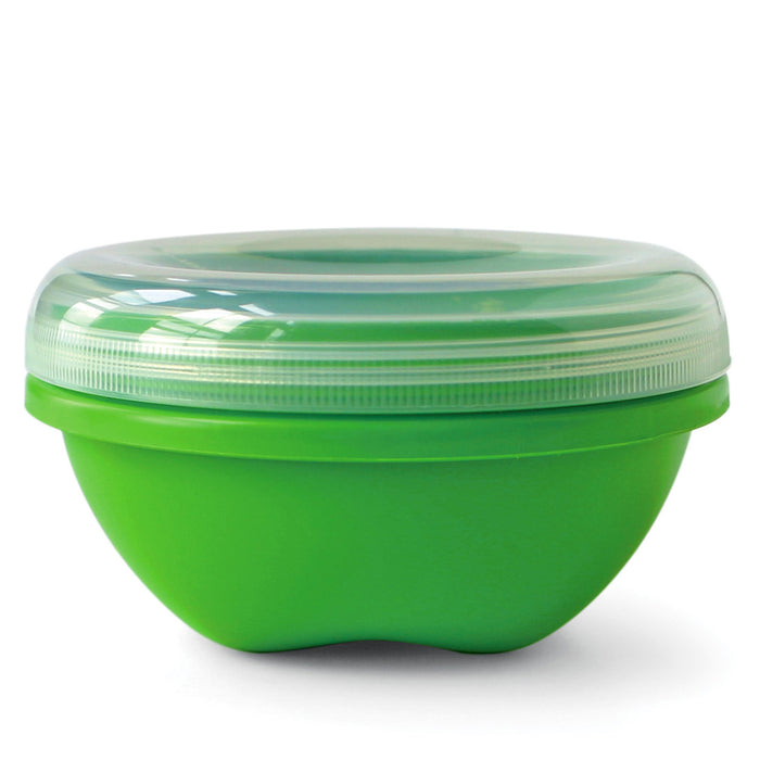 Image of small, round, green food storage with a clear lid