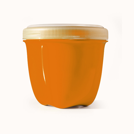 Image of a mini, round, orange food storage container with a clear, twist-on lid.
