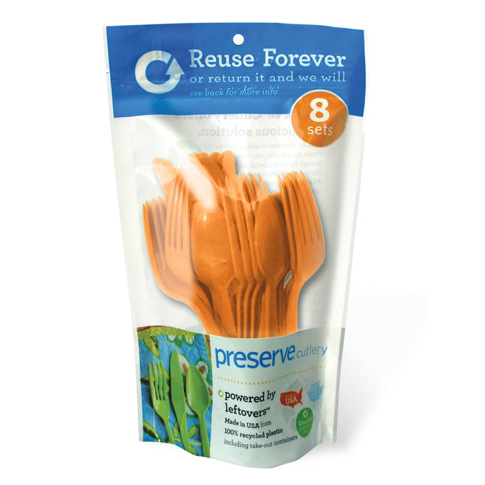 Image of 8 sets of orange Preserve heavy duty cutlery in Preserve packaging with the words "Reuse Forever or return it and we will. See back for more info. Powered by leftovers. Made in USA from 100% recycled take-out containers." 
