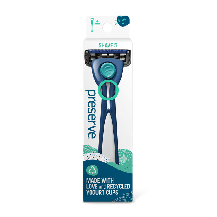 Image of a dark blue Preserve Shave 5 razor in paperboard packaging with the words "Made With Love and Recycled Yogurt Cups." 