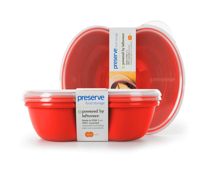 Image of red, Preserve branded square food storage with the words "Purchase with a purpose," on the label.  
